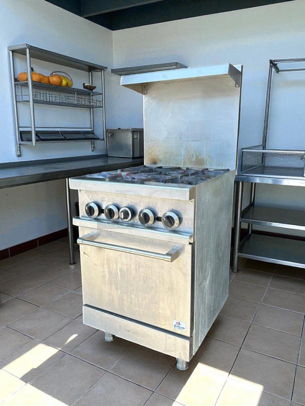 Cooler Depot 4 Burner Commercial Oven Range TC-R24. Tested, working condition. Stainless steel finish.