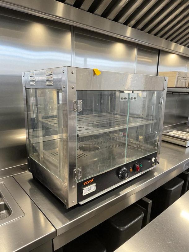 Vevor BWG-S 2-tier food warmer, new condition, with water tray, tested and working. Stainless steel, glass sides.