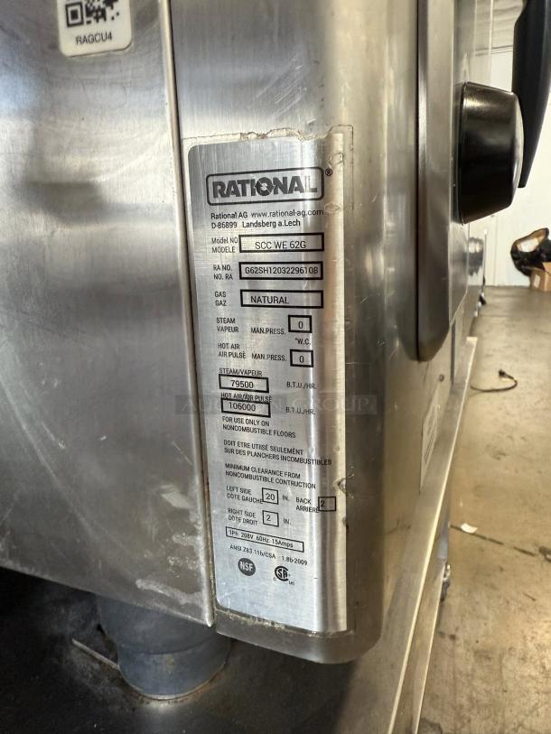 Rational SCC62G Combi Oven/Steamer, stainless steel, natural gas, tested and working, manufacturer's label with specs visible.