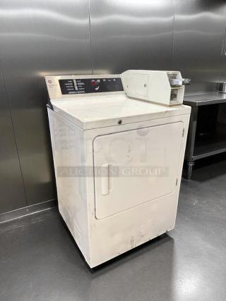 GE DCCD330GD2WC gas coin-operated dryer, excellent condition, tested and working, white exterior, control panel visible.