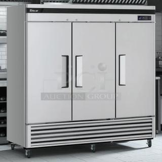 Turbo Air TSR-72SD-N refrigerator, 81 7/8" wide, three solid doors, left/right hinge, 115v, great condition, tested and working.