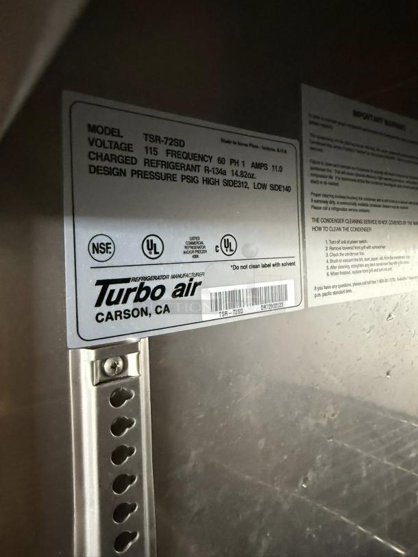 Turbo Air TSR-72SD-N refrigerator label, showing model, voltage, refrigerant type, and certifications. White label on metal.