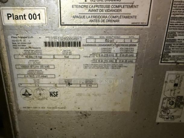 Pitco SG14TS Natural Gas Fryer label showing model number, 100,000 BTU, 20-25 lb. capacity, testing marks, and serial code.