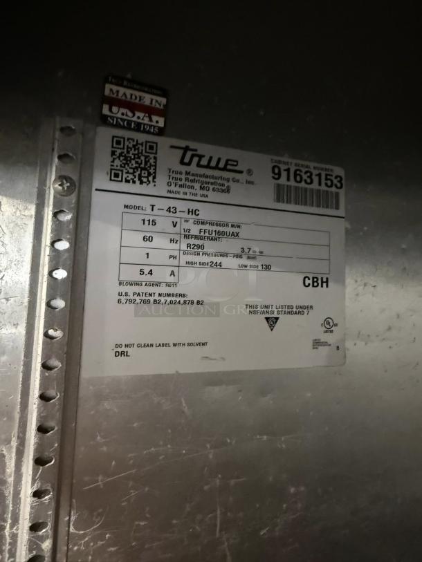 True T-43-HC reach-in refrigerator label showing model, specs, and "Made in USA" mark, indicating excellent condition.