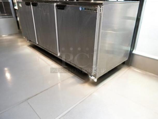 Beverage-Air UCR72AHC-104 three-door undercounter refrigerator in excellent condition, stainless steel, 115V.