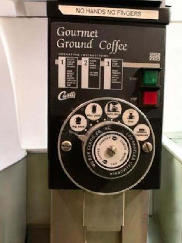 Wilbur Curtis GSG-3BLK gourmet coffee grinder, excellent condition, 120V, front control panel with instructions, fully tested.