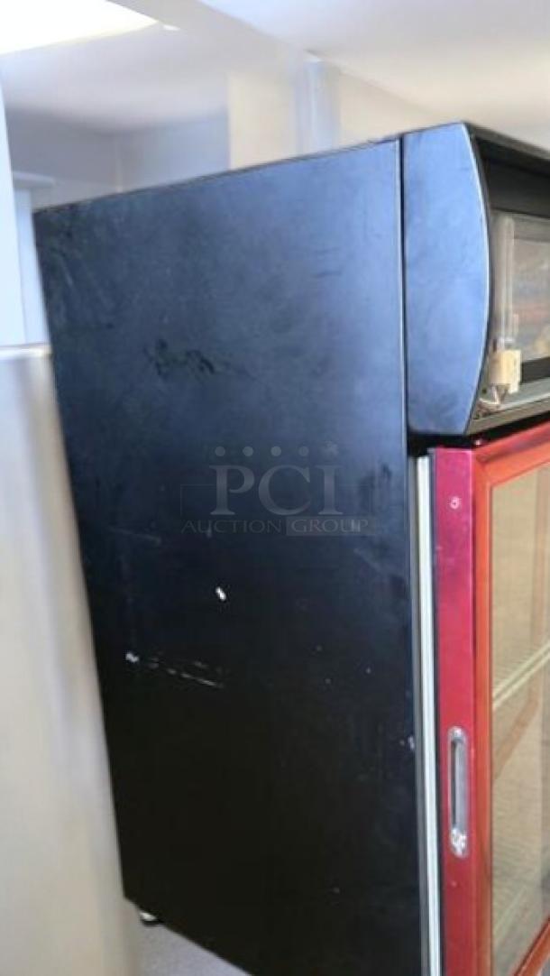 Turbo Air CTIM-52W countertop glass door merchandiser refrigerator, like-new, tested, 115V. Black exterior, red door frame.