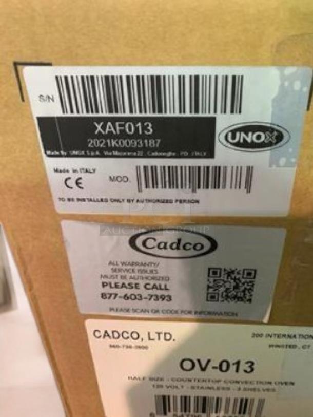 Brand new Cadco OV-013 countertop convection oven, 120V, in original packaging. Made in Italy, distributed by Unox Ovens.