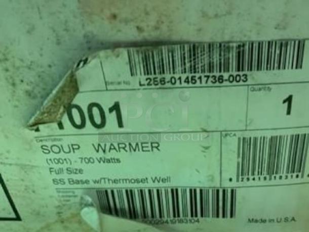 Brand New Vollrath Cayenne 71001 Full-Size Countertop Soup Warmer, 700W, NSF Certified, labeled with details.