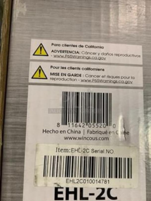 Brand new Winco EHL-2C dual bulb heat lamp in original packaging. Box shows model info and California warning labels.