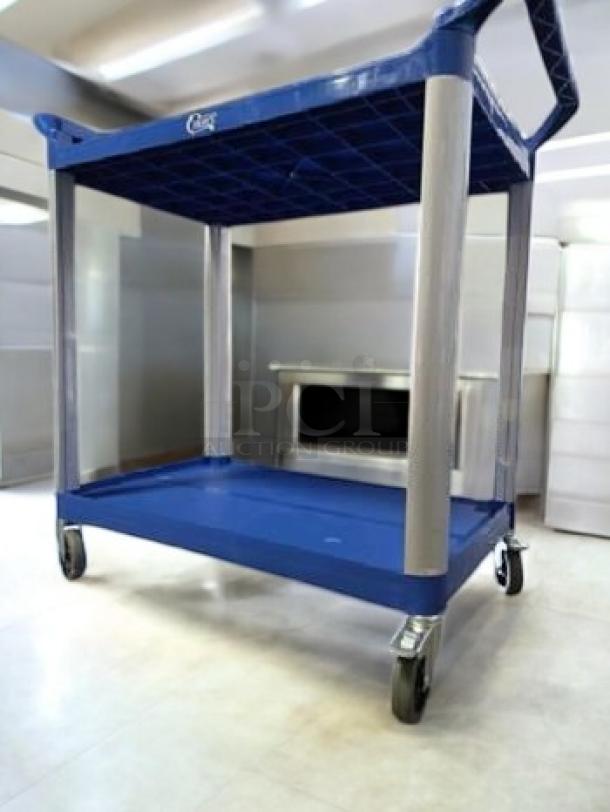 Brand new Choice Equipment Large Bus Cart, blue, 2-shelf utility design, durable and easy to assemble, on casters.