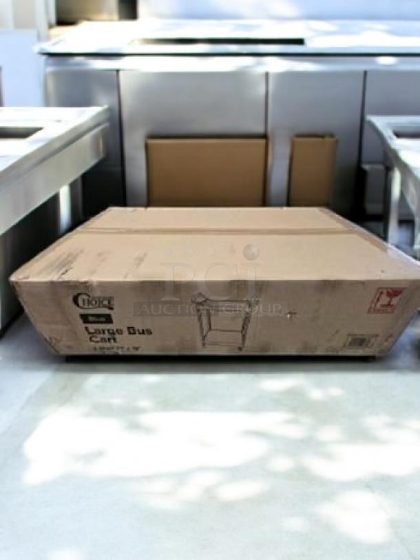 Brand new Choice Equipment Large Bus Cart, blue, 2-shelf utility, in box; durable, easy to assemble. Box labeled "Large Bus Cart."