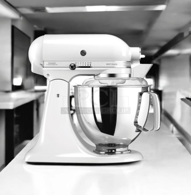 Brand new KitchenAid KSM75WH1 Artisan mixer, 275W, white, 5 Qt stainless bowl, tested and working, tilt-head design.