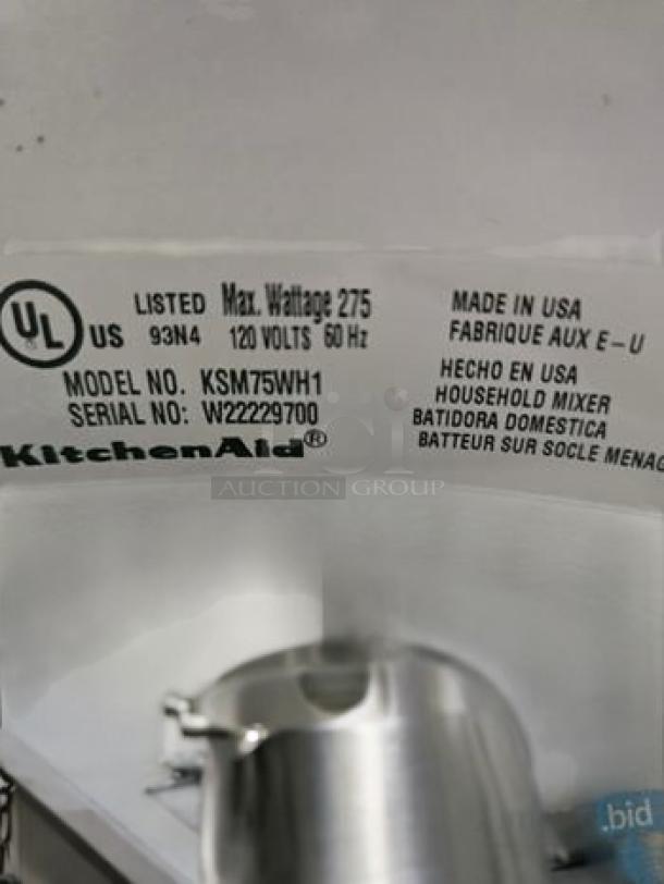 KitchenAid KSM75WH1 stand mixer, 275W, 5 Qt stainless bowl. New condition, Made in USA label visible. Model and serial numbers shown.