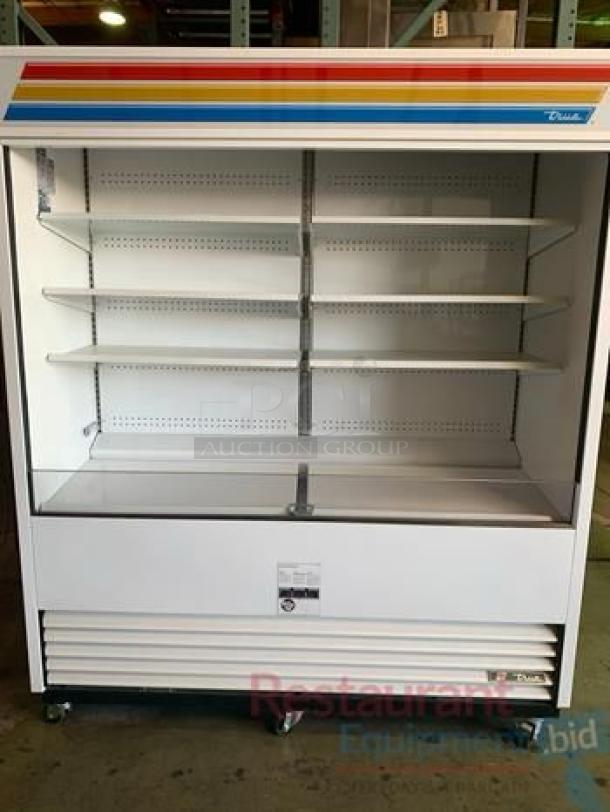 True TAC-72-LD open-air curtain merchandiser, 72", excellent condition, fully tested, 208-230V, white with colorful top trim.