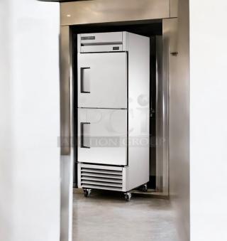 Like-new True T-23-HC single door reach-in refrigerator, 115V, fully tested, model from True Manufacturing, with visible logo.