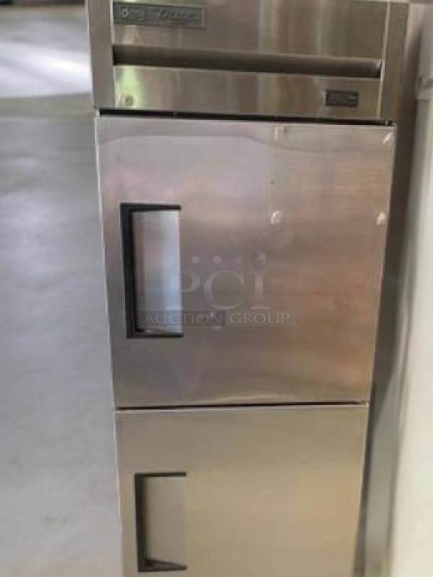 Like-new True T-23-HC single door reach-in refrigerator. Stainless steel, 115V, tested, fully functional, True logo visible.