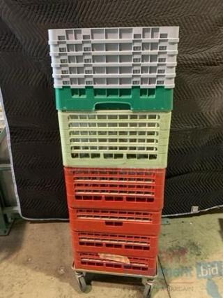 Lot of commercial glass racks with assorted stemware and tumbler glasses, fully tested, Cambro/Carlisle style, excellent condition.