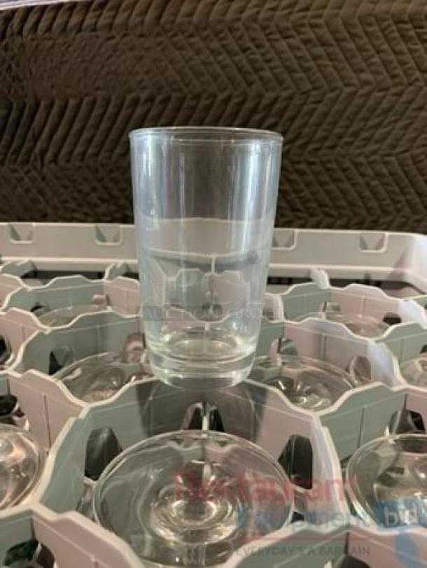 Set of commercial glass racks with assorted stemware and tumbler glasses. Brands include Cambro and Carlisle, fully tested.