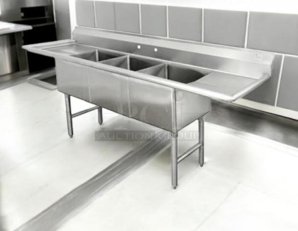 Advance Tabco FC-3-1515-15RL stainless steel 3-compartment sink with dual 15" drainboards, NSF certified, brand new.