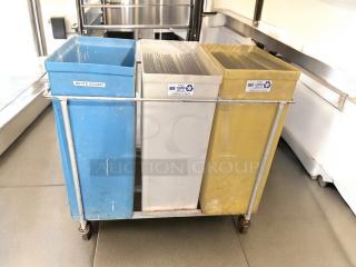 Faribo P434 triple bin recycling cart, excellent condition, NSF certified, includes labels, frame, and casters.