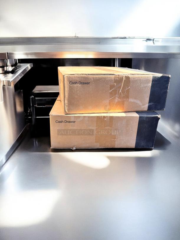 Brand new POS cash drawers, quantity 2, in sealed boxes. Heavy-duty with key lock, compatible with Toast systems.