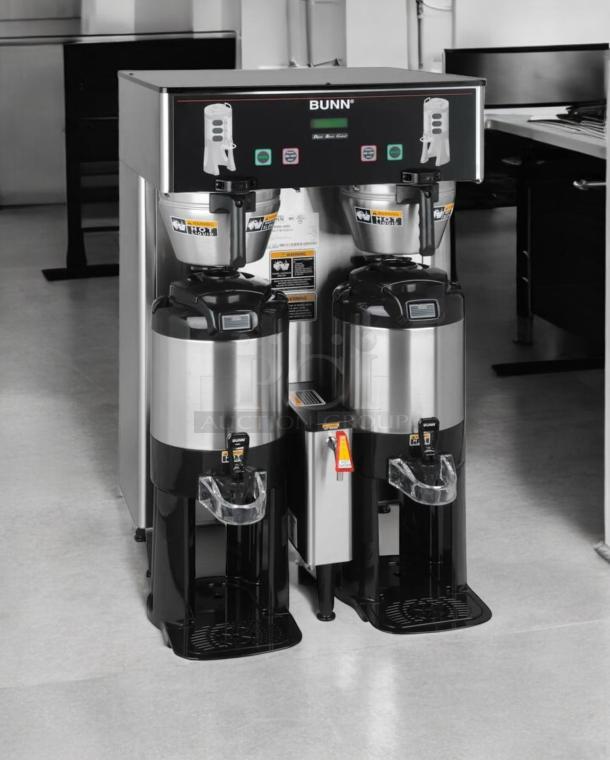 Bunn Dual Coffee Brewer with Airpots, excellent condition, 120/240V, fully tested, stainless steel with control panel and labels.