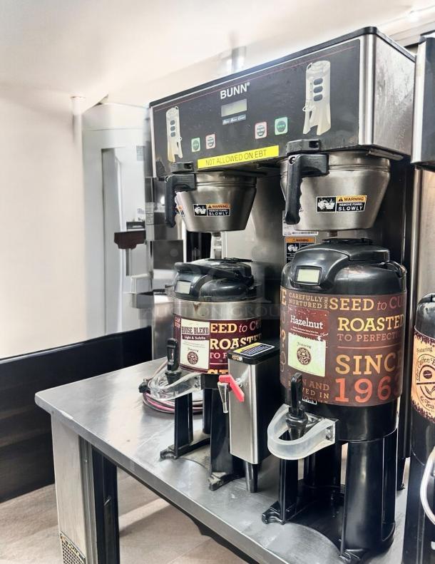 Bunn Dual Coffee Brewer with Airpots, excellent condition, 120/240V, fully tested, operational, features labels and warnings.