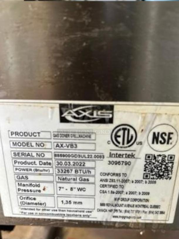 AXIS Gas Doner Grill Machine, Model AX-VB3, excellent condition, fully tested, 33,267 BTU/hr, natural gas, NSF certified.