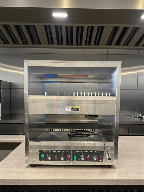 Double-deck electric cheese melter/salamander broiler, 120V, excellent condition, control dials, fully tested, stainless steel.