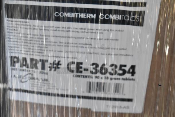 Label on Alto Shaam CTC10-20E combi oven packaging, showing part number CE-36354 for combi tabs, with protective plastic wrap.