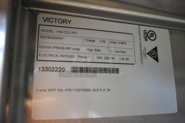 Victory HIS-1D-1-PT heated cabinet label, showing model, electrical ratings, and certifications. 115V, 1 phase.