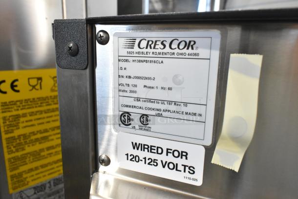 CresCor H138NPS1816CLA stainless steel heated holding cabinet label, wired for 120 volts, CSA certified, NSF listed.