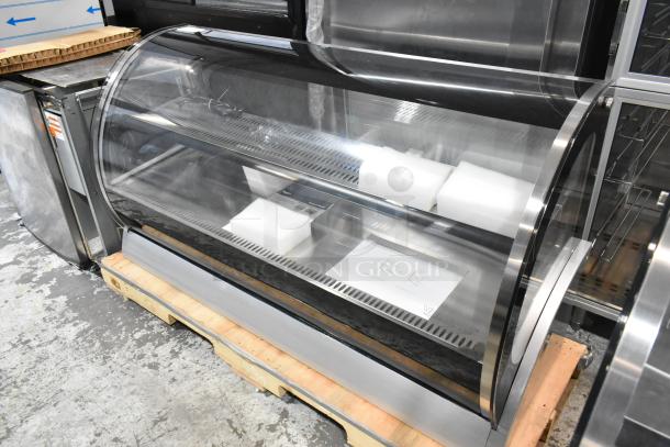 Brand new 2025 Vollrath RDE8160 60" curved glass refrigerated display cabinet, 120V, 1 phase, minor scratches visible.