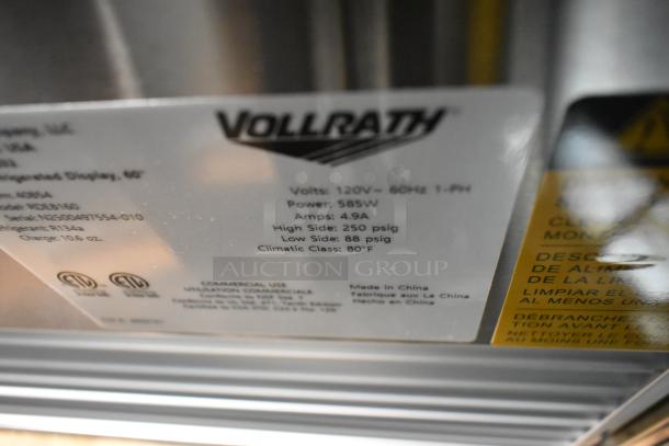 Alt text: Vollrath RDE8160 label showing electrical specs: 120V, 585W, 4.9A, high side 250 psig, low side 88 psig.