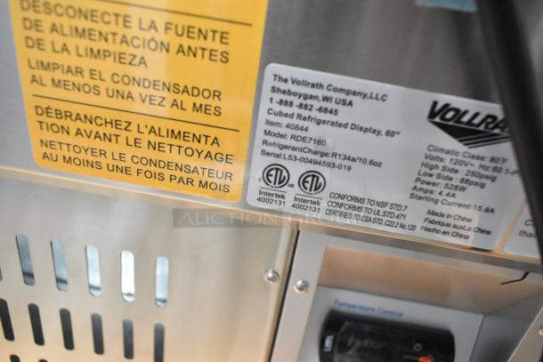 BRAND NEW 2025 Vollrath RDE7160 60" refrigerated display cabinet label. Model details, voltage info, and safety marks visible.