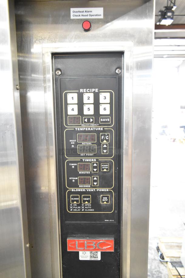 2022 LBC LMO-MAX-E Stainless Steel Commercial Rotating Rack Oven control panel, showing recipe presets, temperature, timers, and power settings.