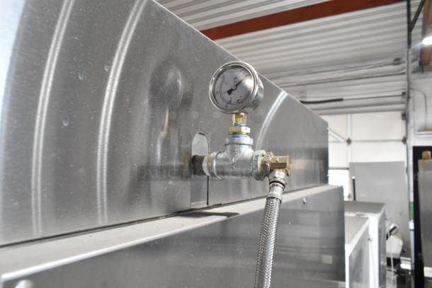 2022 LBC LMO-MAX-E stainless steel commercial rotating rack oven, 120/208 volts, 1/3 phase, visible gauge and fittings.