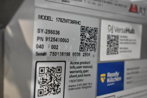 Alt Text: Label on Avantco 178ZWT36RHC refrigerator showing model, serial number, and QR codes for product info.