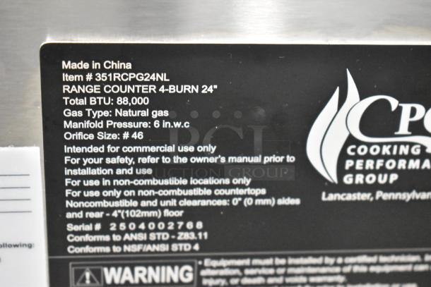 Label for Cooking Performance Group 4 Burner Range, Model 351RCPG24NL, 88,000 BTU, natural gas, commercial use, serial 2504002768.