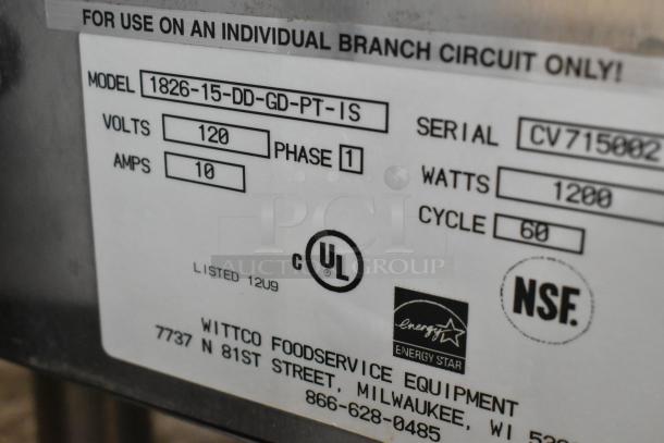 Winco 1826-15-DD-GD-PT-IS stainless steel heated cabinet label; 120 volts, 1 phase, NSF certified, on casters.