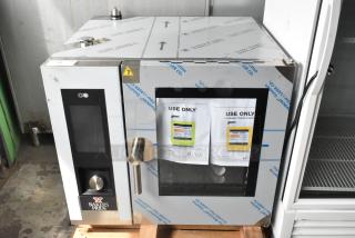 BRAND NEW Bakers Pride AEHE061R stainless steel combi convection oven, 208V, 3 phase, with scratches, labels visible.