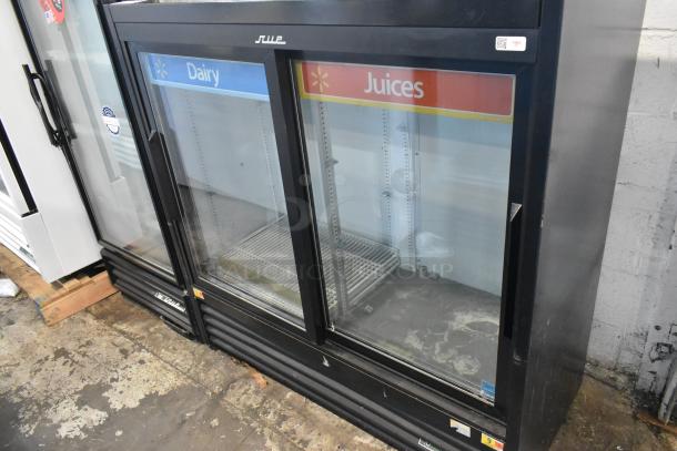 2019 True GDM-41SL-48-HC-LD commercial cooler, 2 glass doors, poly coated racks, signage for Dairy/Juices, 115V.