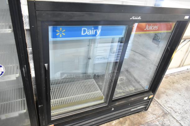2019 True GDM-41SL-48-HC-LD 2-door cooler, glass doors, poly-coated racks, "Dairy" and "Juices" signs, 115V, 1 phase.