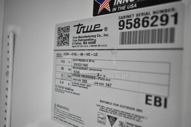 2019 True GDM-41SL-48-HC-LD 2 Door Cooler label; model and serial details, 115 volts, 1 phase, refrigerant R290.