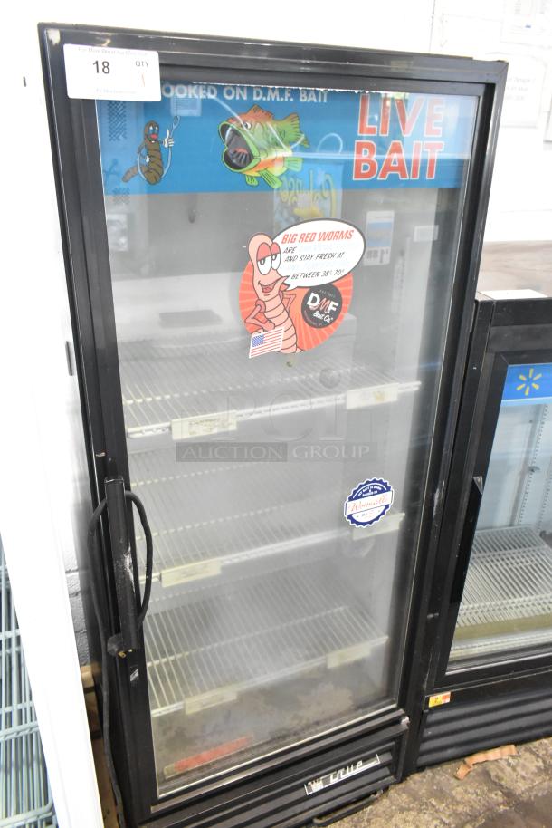 True GDM-12 commercial cooler, single glass door, poly-coated racks, 115V, 1 Phase, decals on door, clean condition.