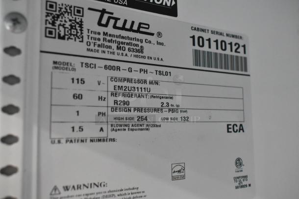 Label of True TSCI-600R-G-PH single-door cooler; shows model, voltage, refrigerant, and Energy Star certification.