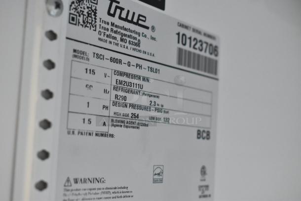 Label on 2021 True TSCI-600R-G-PH cooler shows model, voltage, refrigerant R290, compressor EM2U3111U, design pressures, and warnings.