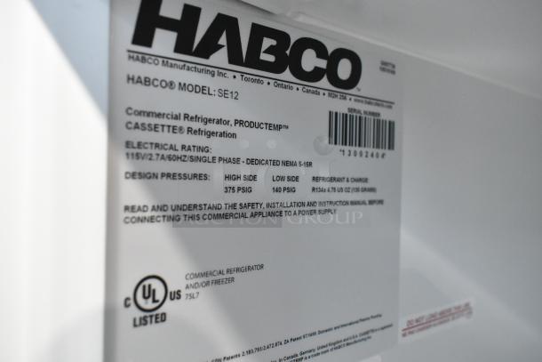 Label on Habco SE12 commercial cooler, showing model and electrical specs. 115V, single-phase. UL listed.