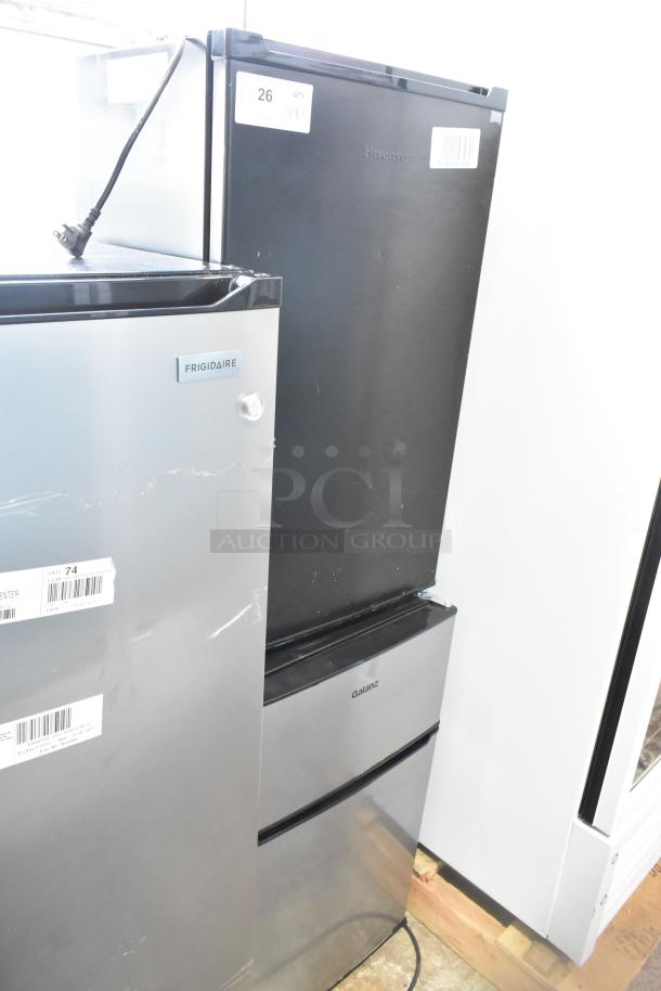Two mini coolers: 2020 Hisense RR33D6ABE in black, Galanz GLR31TS1E02 with freezer. Both 115 volts, 1 phase. Great condition.
